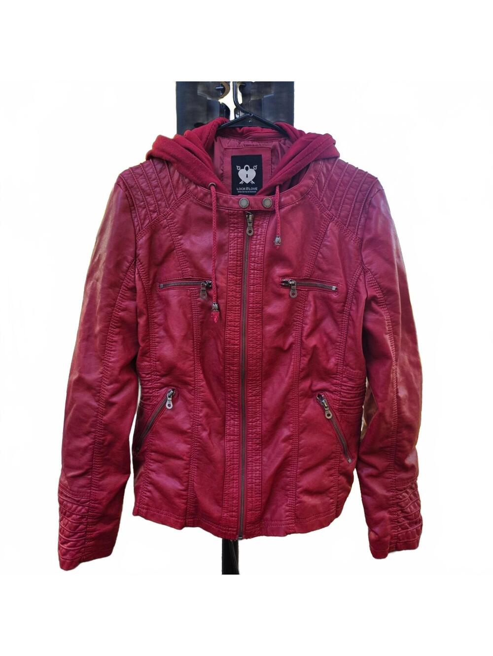 Lock & Love Women's Red Hooded Moto Jacket Size XL